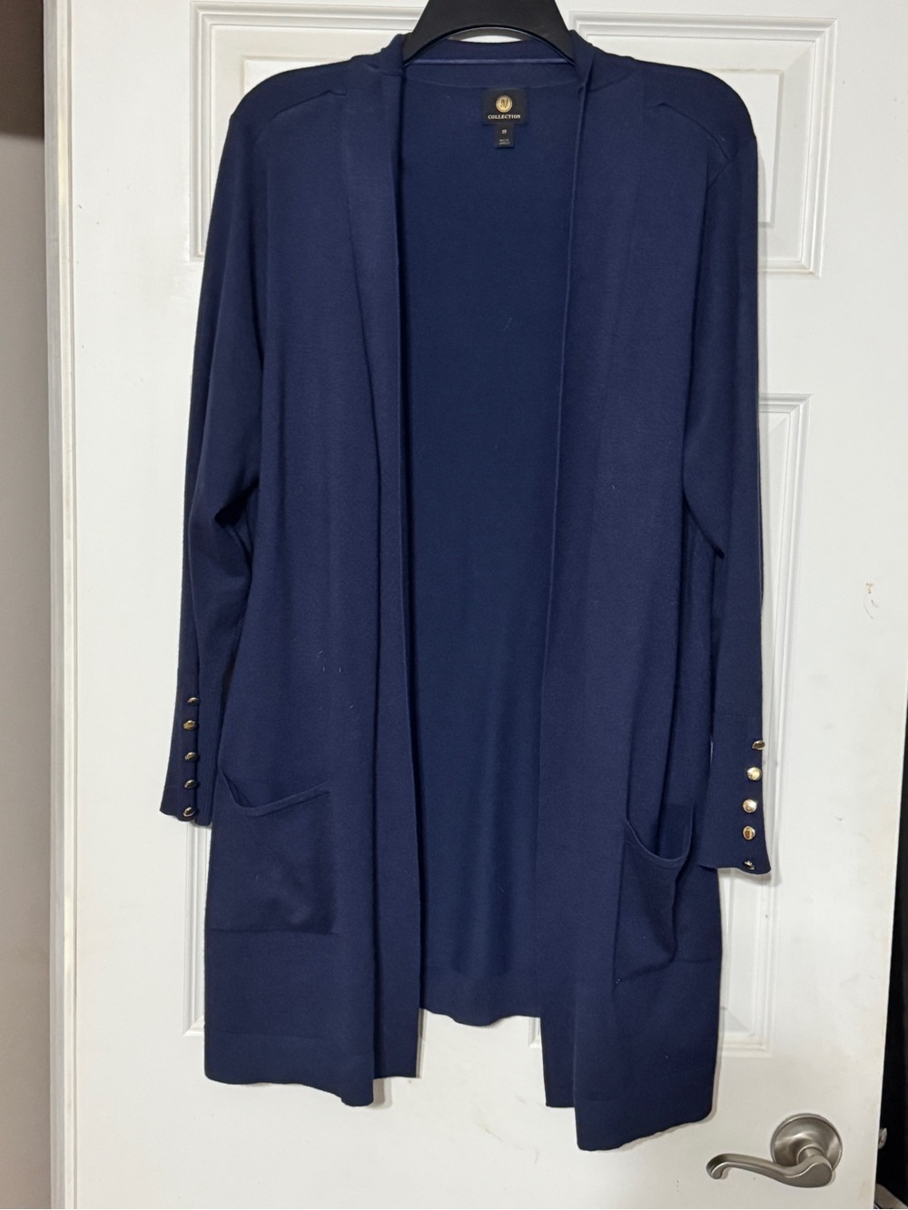 JM Collection Navy Open-Front Long Cardigan with Gold Buttons